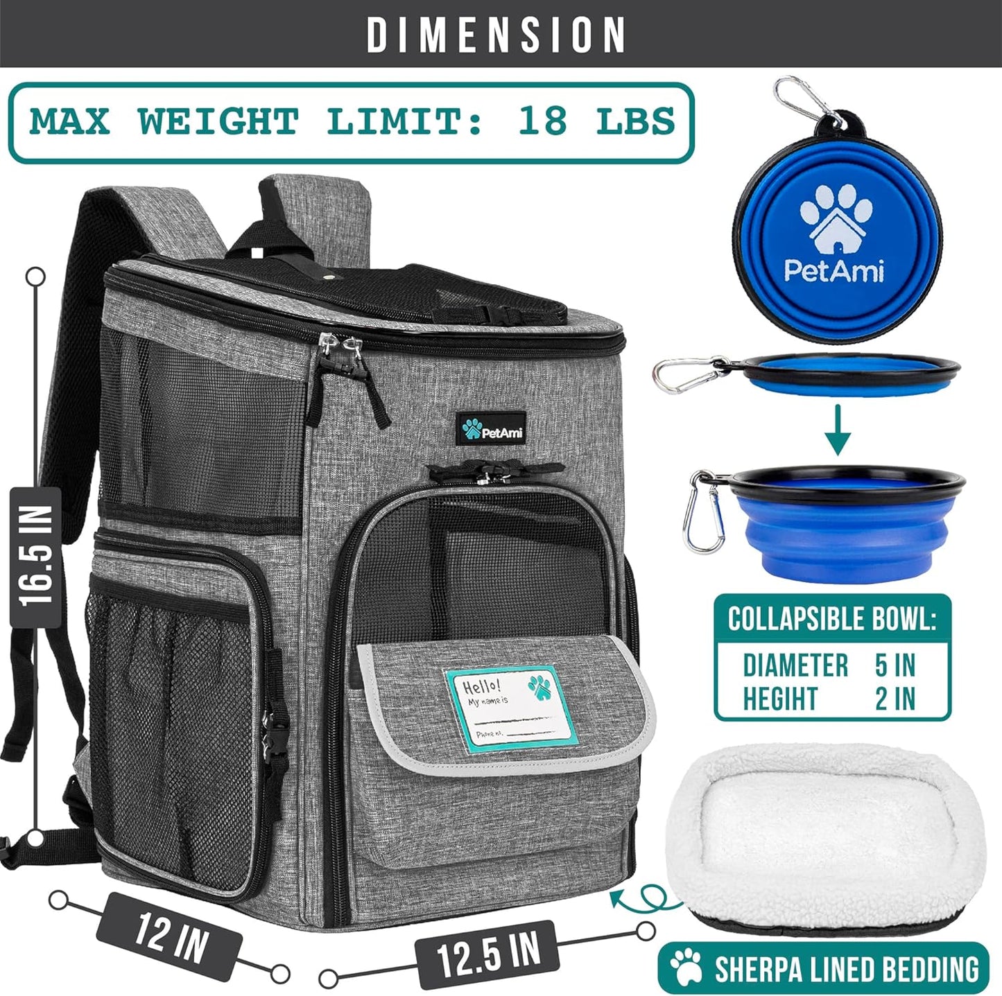Airline Approved Dog & Cat Backpack Carrier - Ventilated Soft Sided Pet Backpack for Travel, Hiking & Camping - Fits Pets up to 18 lbs - Heather Gray