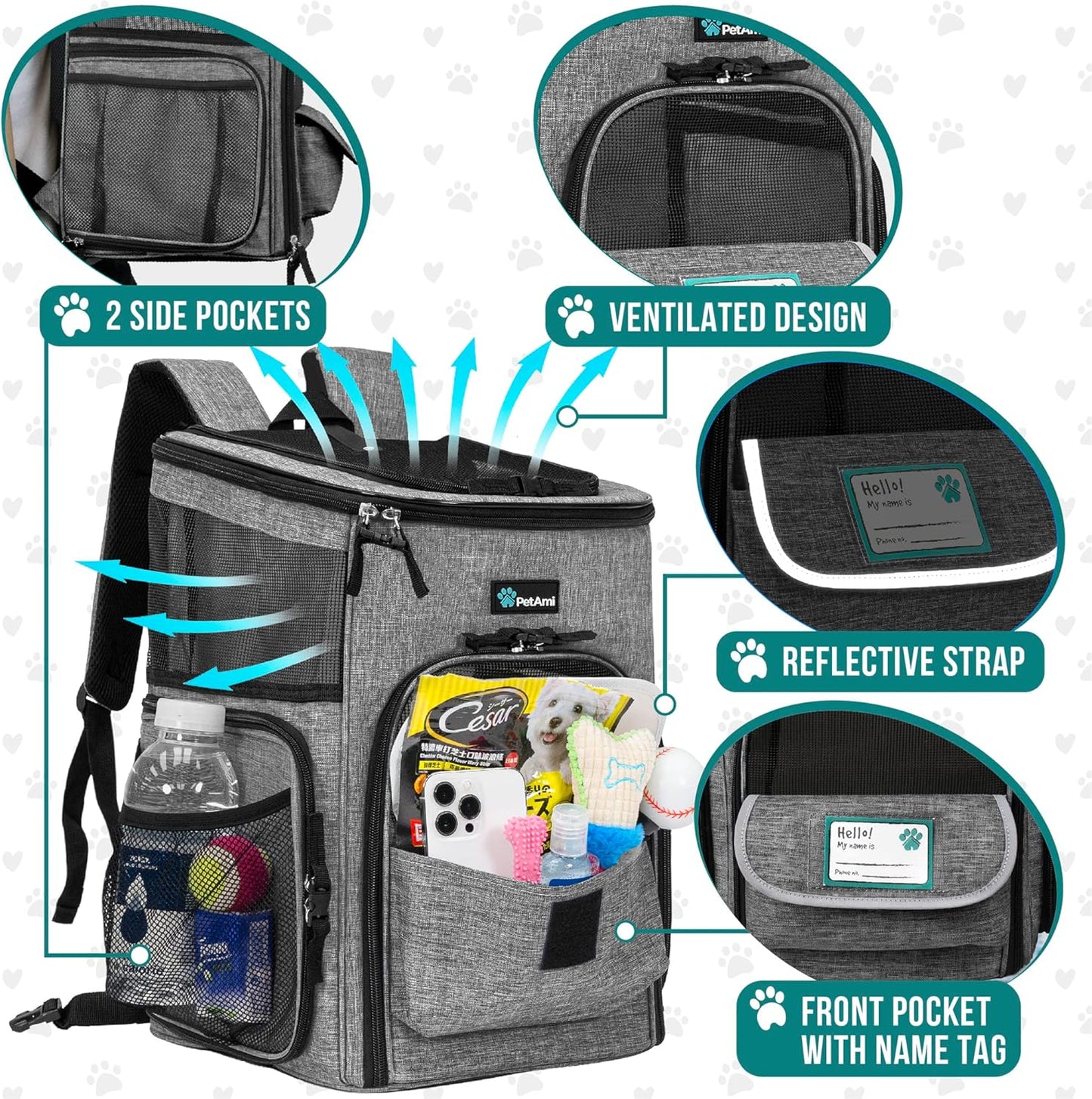 Airline Approved Dog & Cat Backpack Carrier - Ventilated Soft Sided Pet Backpack for Travel, Hiking & Camping - Fits Pets up to 18 lbs - Heather Gray