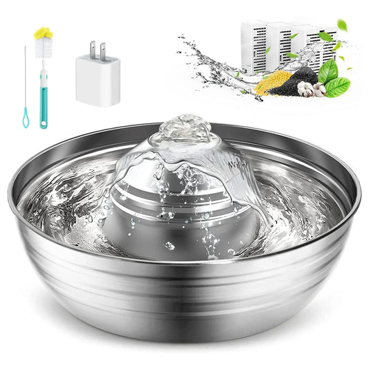Premium 2L Stainless Steel Cat Water Fountain - Quiet Pump & 3 Filters for Fresh, Clean Water - Ideal Indoor Pet Hydration Solution