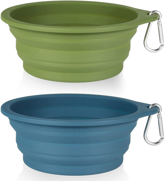 Collapsible Dog Bowl Set - 2 Pack Travel-Friendly Pet Feeding Bowls (No Plastic Rim) - 600ml Navy Blue & Dark Green for Outdoor Adventures